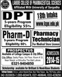 Admission notice for Lahore College of Pharmaceutical Sciences Lahore