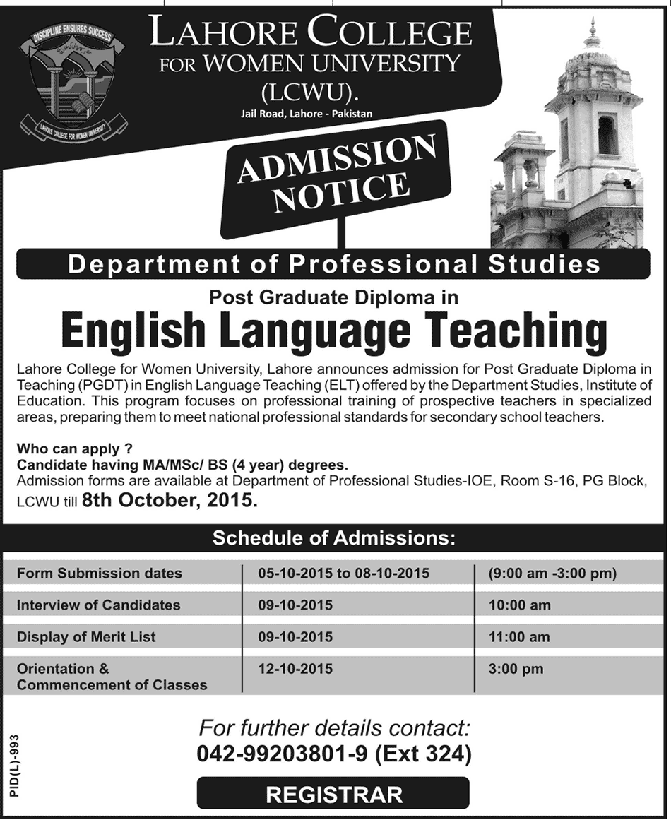 English Language Teaching Course Admission In Lahore College For Women 