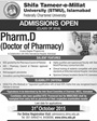 Admission notice for Shifa Tameer-E-Millat University (Stmu) Islamabad