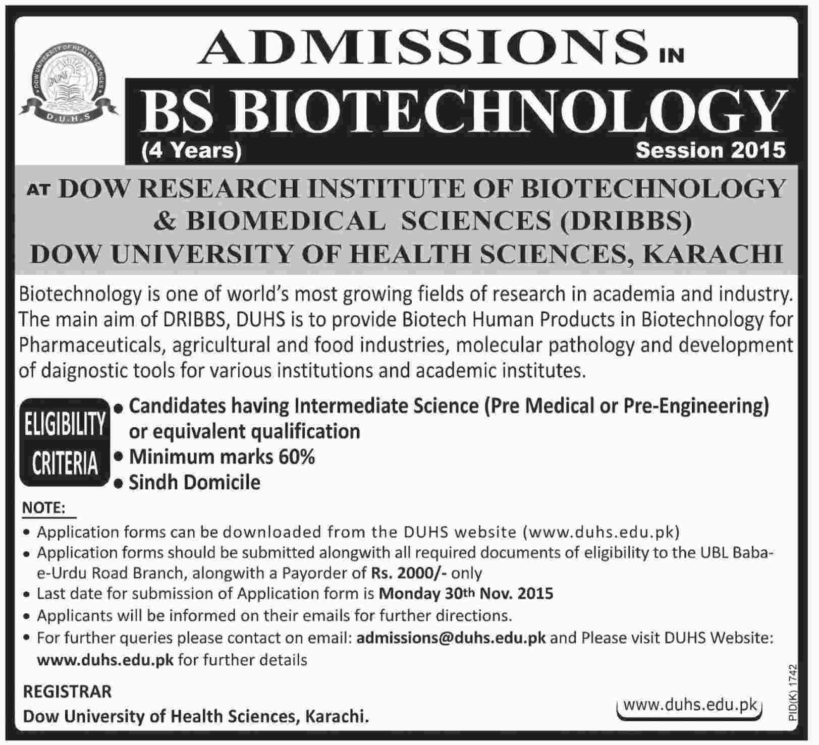 BS Biotechnology Admissions in Dow University Of Health Sciences