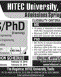 Admission notice for Hitec University Taxila