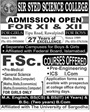 Admission notice for Sir Syed Science College
