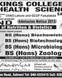 Admission notice for Kings College of Health Sciences Sahiwal