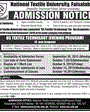 Admission notice for National Textile University NTU Faisalabad