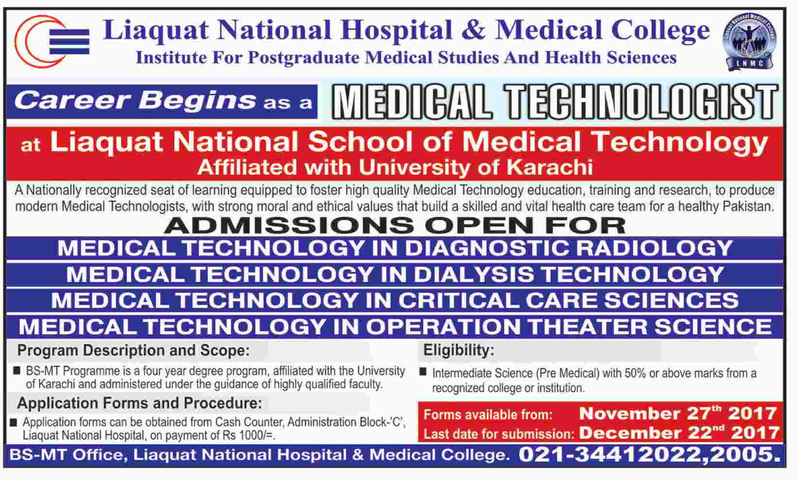 Liaquat National Hospital & Medical College, Karachi Admissions 2017.