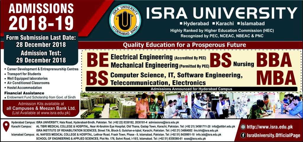 Admission Open In Isra University Hyderabad 18 Dec 2018