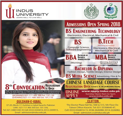 Admission Open in Indus University Karachi 11 Feb 2018