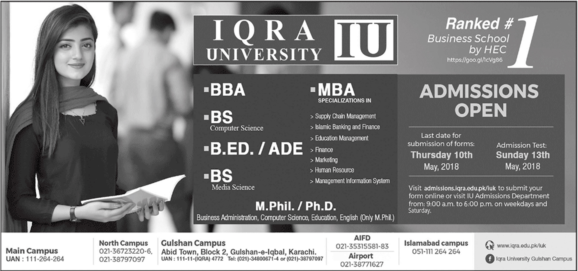Admission Open In Iqra University Karachi 22 Apr 2018