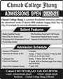 Admission notice for Chenab College Jhang