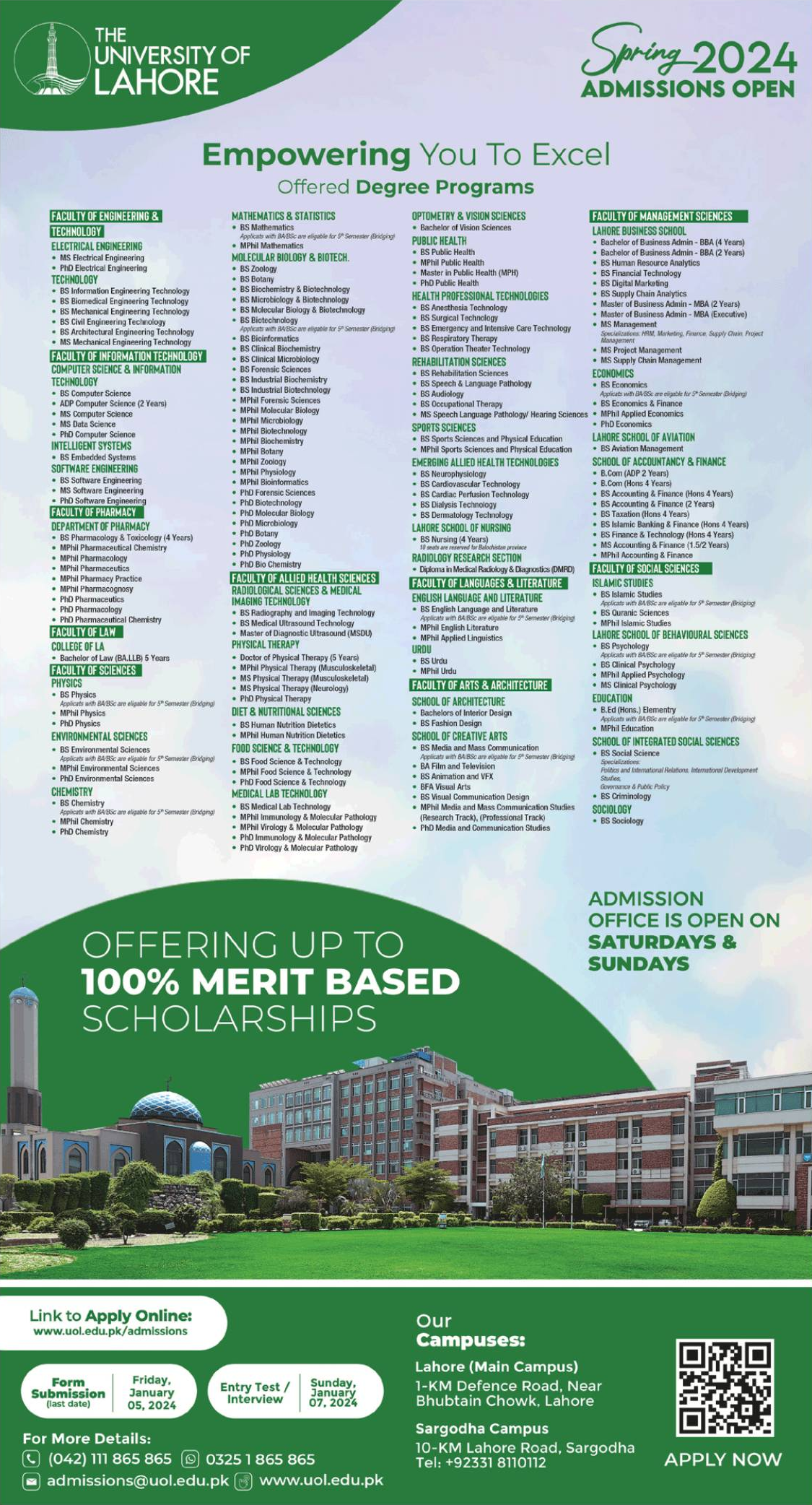 Admisison Open in The University of Lahore UOL 24 Dec 2023