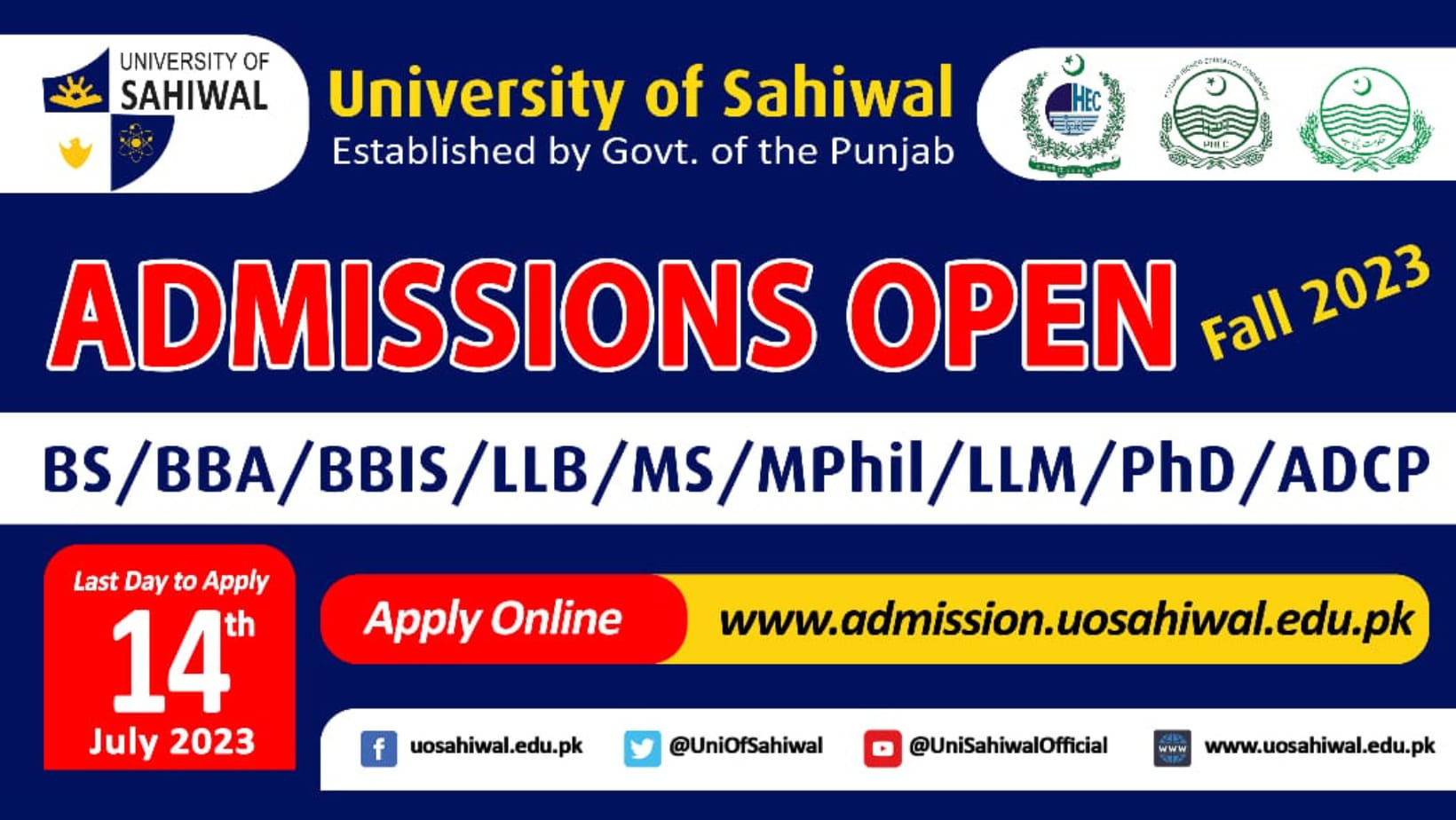 University Of Sahiwal - UOSWL Admission 2024