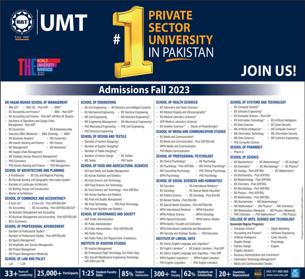 Admission Open in University of Management and Technology UMT Lahore 09