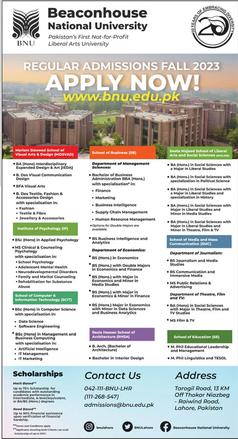 Admission Open In Beaconhouse National University Bnu Lahore 20th 