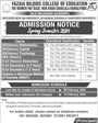 Admission notice for Bilquis College of Education for Women PAF Chaklala Rawalpindi