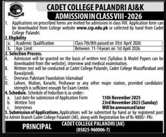 Admission notice for Cadet College Palandri Azad Kashmir