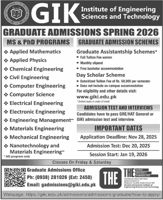 Admission notice for Ghulam Ishaq Khan Institute of Engineering Sciences & Technology, Peshawar
