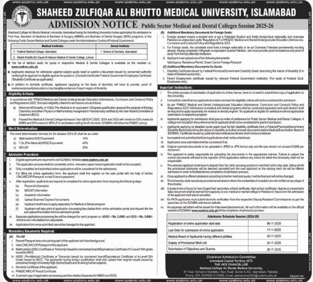 Admission notice for Shaheed Zulfiqar Ali Bhutto Medical University Islamabad