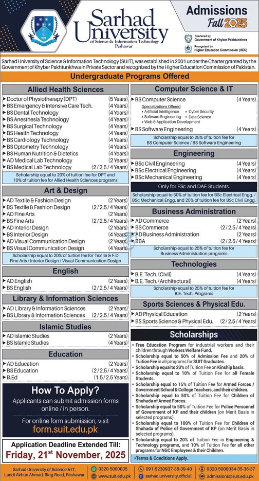 Admission notice for Sarhad University