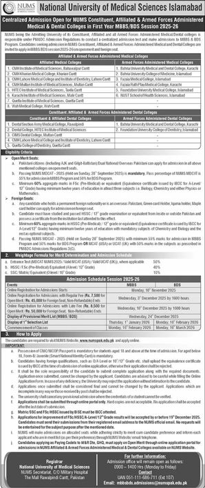 Admission notice for National University of Medical Sciences NUMS Rawalpindi