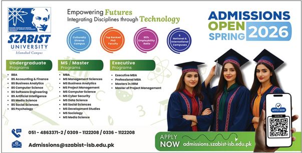 Admission notice for Shaheed Zulfikar Ali Bhutto Institute of Science and Technology (SZABIST) Islamabad