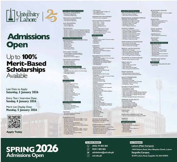 Admission notice for The University of Lahore