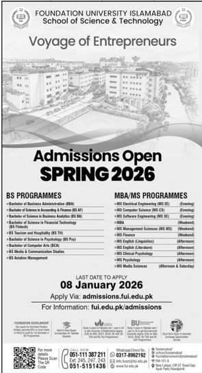 Admission notice for Foundation University Islamabad