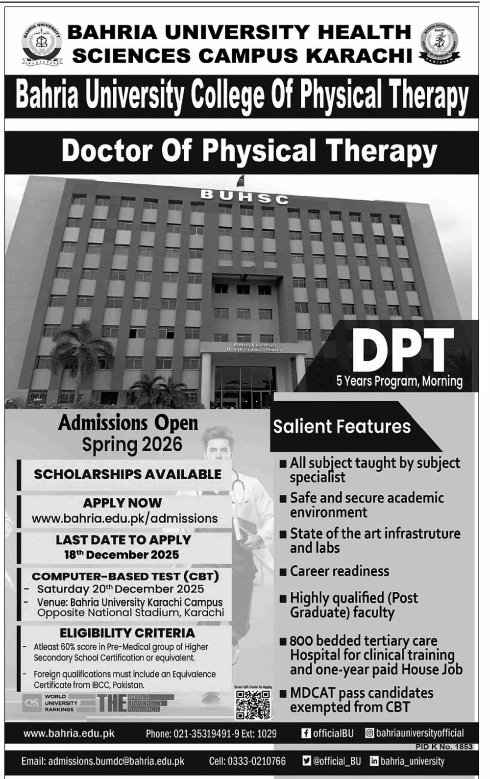 Admission notice for Bahria University Health Sciences Karachi Campus