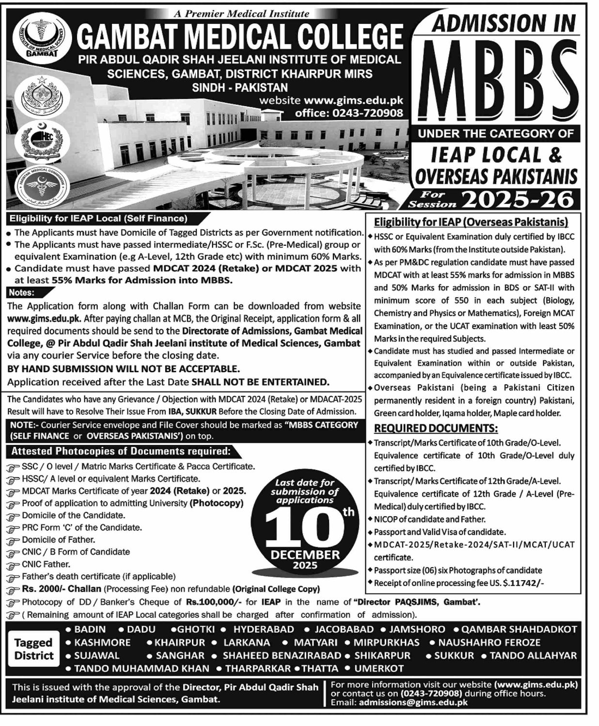 Admission notice for Gambat Institute Of Medical Sciences Khairpur