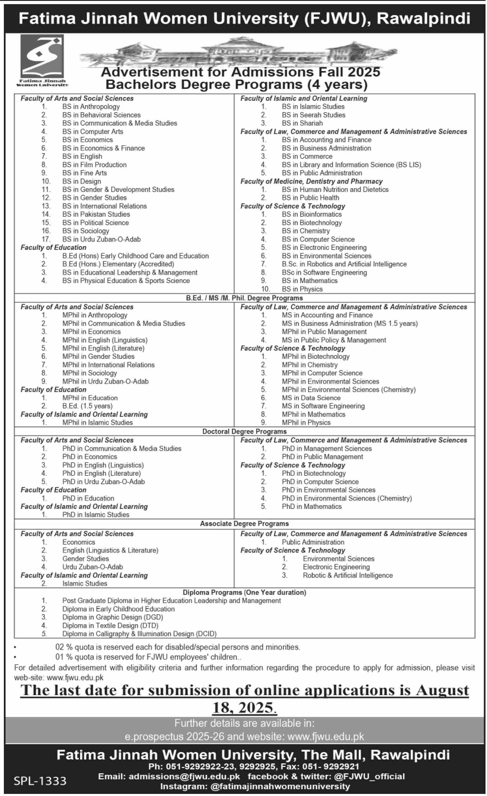 Admission Open in Fatima Jinnah Women University Rawalpindi 21th July 2025