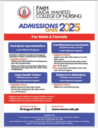 Waheed Collage Saida Waheed FMH College of Nursing Lahore Lahore Admission 2025 ...