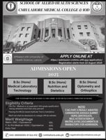 Admission notice for CMH Lahore Medical College & Institute of Dentistry, Lahore