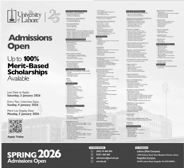 Admission notice for The University of Lahore