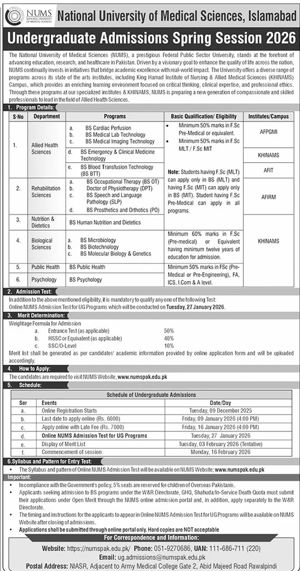 Admission notice for National University of Medical Sciences NUMS Rawalpindi