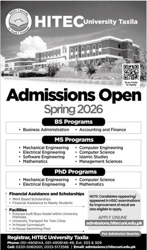 Admission notice for Hitec University Taxila