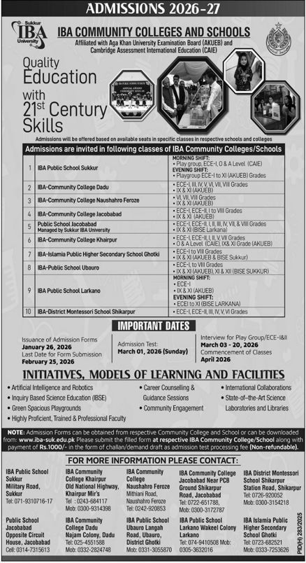 Admission notice for IBA Community College Khairpur