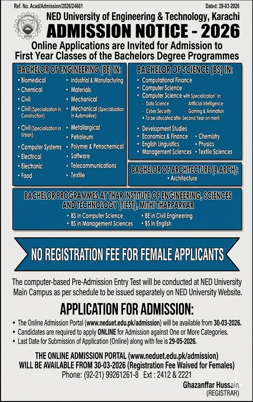 Ned University Of Engineering & Technology Karachi Karachi Admission ...