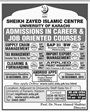 Admission notice for Sheikh Zayed Islamic Center (SZIC), Karachi