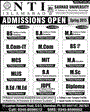 Admission notice for National Textile Institute NTI Islamabad