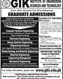 Admission notice for Ghulam Ishaq Khan Institute Of Engineering Sciences And Technology Topi