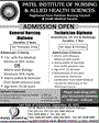 Admission notice for Patel Institute of Nursing & Allied Health Sciences