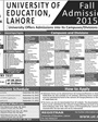 Admission notice for University of Education Lower Mall Lahore