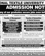 Admission notice for National Textile University NTU Faisalabad