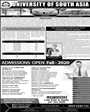 Admission notice for University of South Asia Lahore