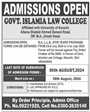 Admission notice for Govt. Islamia Law College, Karachi