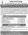 Admission notice for University College of Arts & Design Lahore