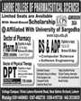 Admission notice for Lahore College of Pharmaceutical Sciences Lahore