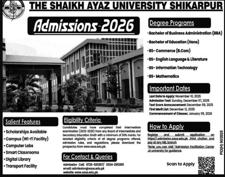 Admission notice for Shaikh Ayaz University Shikarpur