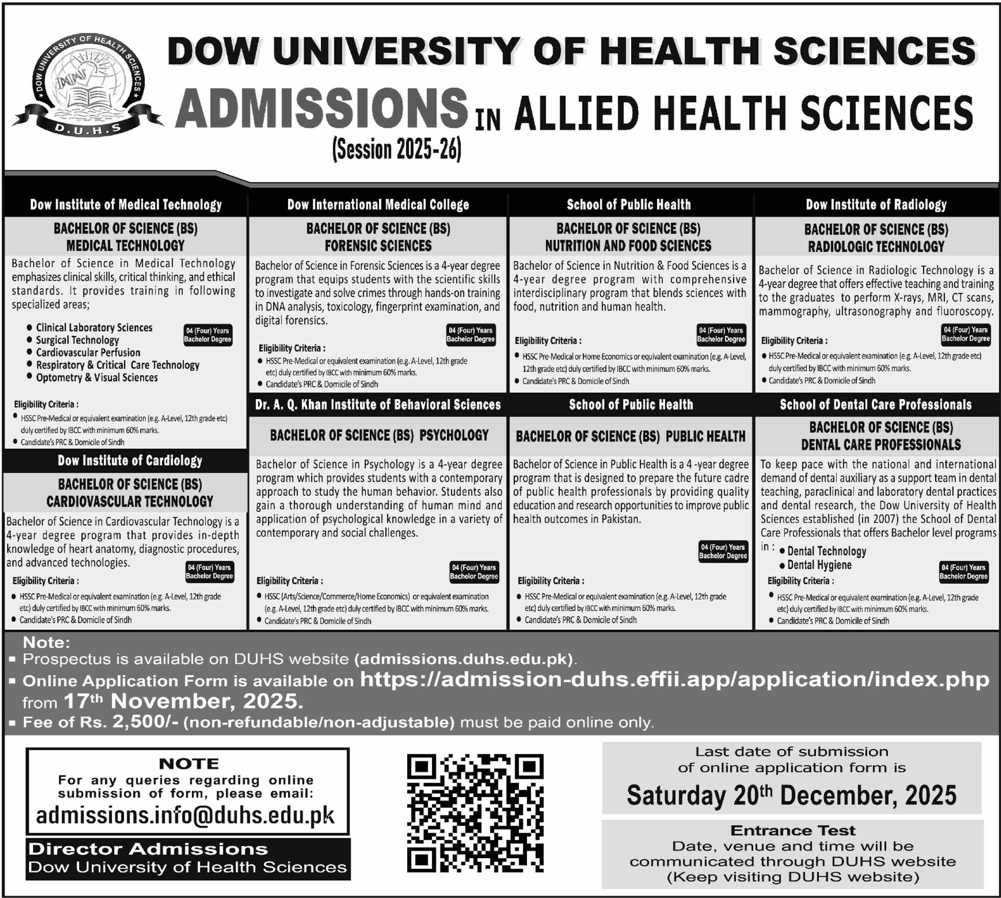 Admission notice for Dow University Of Health Sciences (Duhs) Karachi