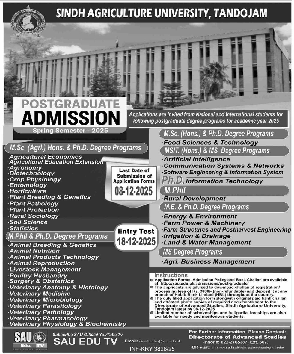 Admission notice for Sindh Agriculture University Tando Jam