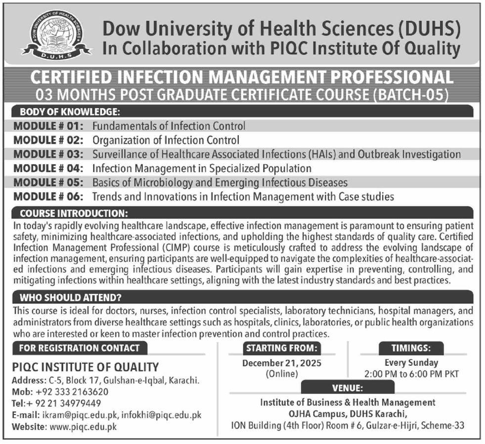Admission notice for Dow University Of Health Sciences (Duhs) Karachi